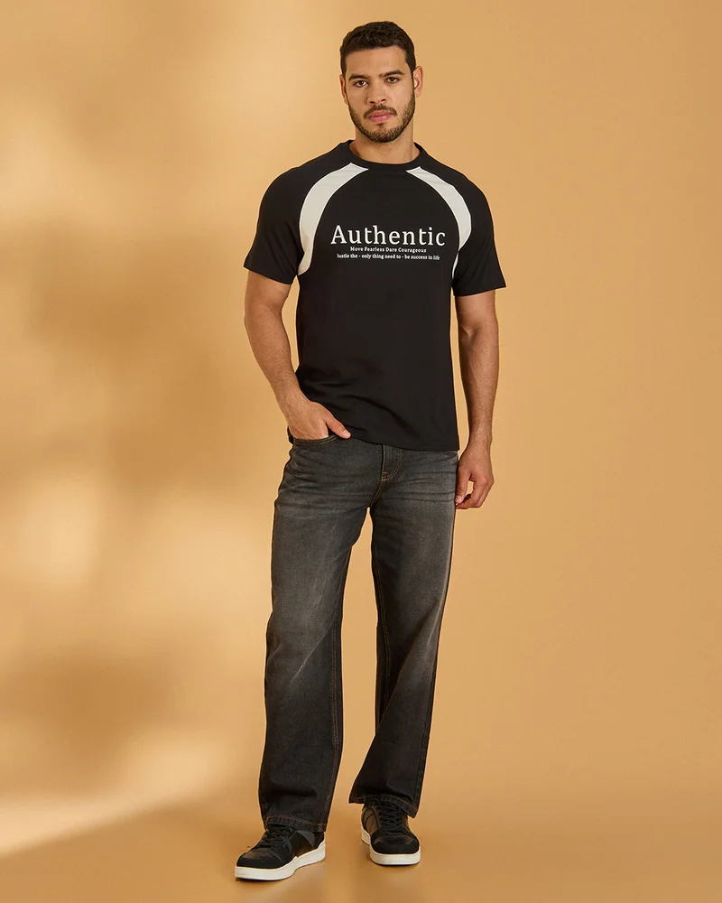 Redtag Men Black Panel T-Shirt
