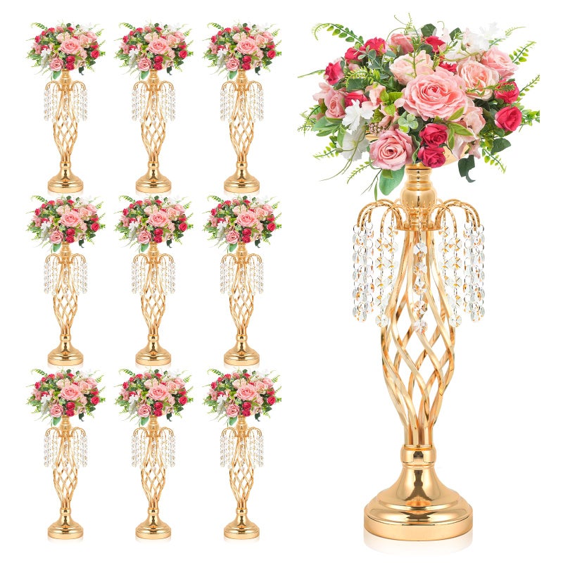 Kolnlala Gold Metal Crystal Pendant Flower Stand Set, 17.9 Inch Elegant Tall Vases Wedding Centerpieces with Crystal Pendants for Wedding Banquet, Party, Event, Anniversary, Home Decor (Gold, 10 Pcs) - Image 1