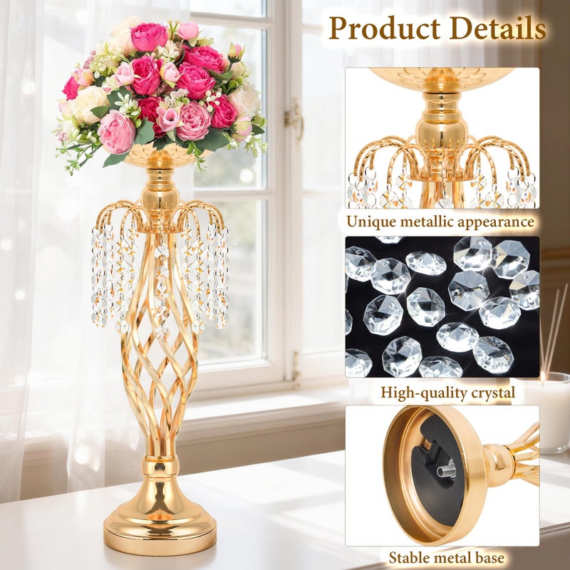 Kolnlala Gold Metal Crystal Pendant Flower Stand Set, 17.9 Inch Elegant Tall Vases Wedding Centerpieces with Crystal Pendants for Wedding Banquet, Party, Event, Anniversary, Home Decor (Gold, 10 Pcs) - Image 3