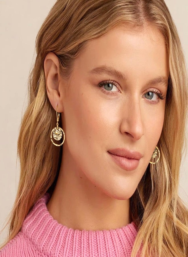 Lancharmed 14K Gold Earrings for Women Trendy Hypoallergenic Drop Disc Circle Hammered Earrings Leverback Disc Dangle Drop Earring Gold Dangle Circle Earing for Jewelry Gifts - Image 3
