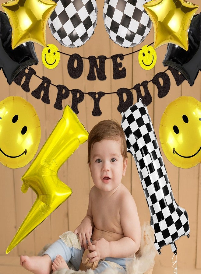 TMTECHJS One Happy Dude Birthday Decorations One Happy Dude Balloons with Pre-Strung Banner Black Glitter First Birthday Party Decor for Baby Boy - Image 5