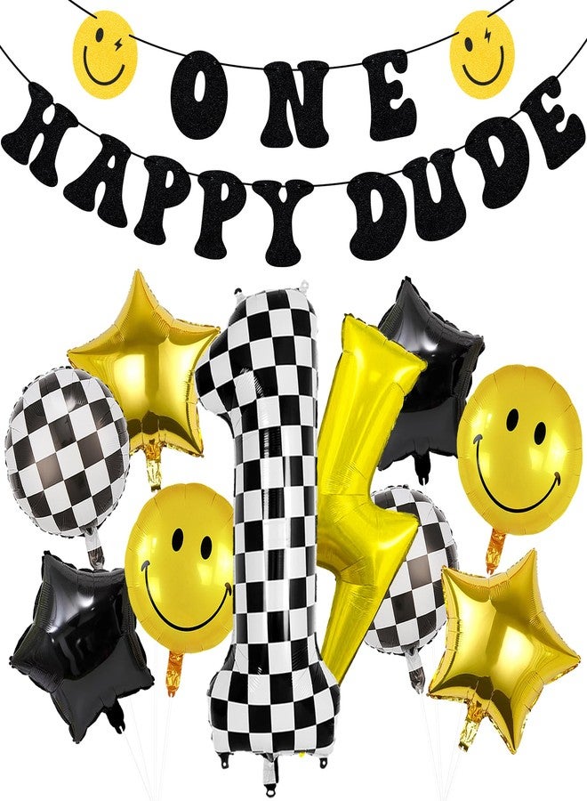 TMTECHJS One Happy Dude Birthday Decorations One Happy Dude Balloons with Pre-Strung Banner Black Glitter First Birthday Party Decor for Baby Boy - Image 1