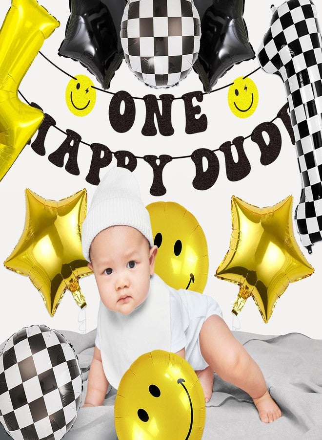 TMTECHJS One Happy Dude Birthday Decorations One Happy Dude Balloons with Pre-Strung Banner Black Glitter First Birthday Party Decor for Baby Boy - Image 3