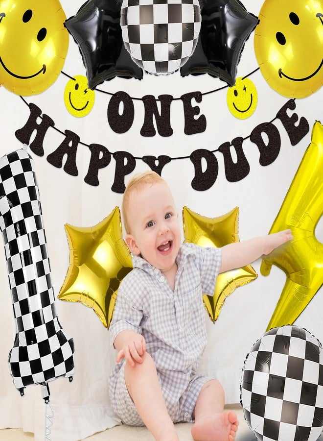 TMTECHJS One Happy Dude Birthday Decorations One Happy Dude Balloons with Pre-Strung Banner Black Glitter First Birthday Party Decor for Baby Boy - Image 4