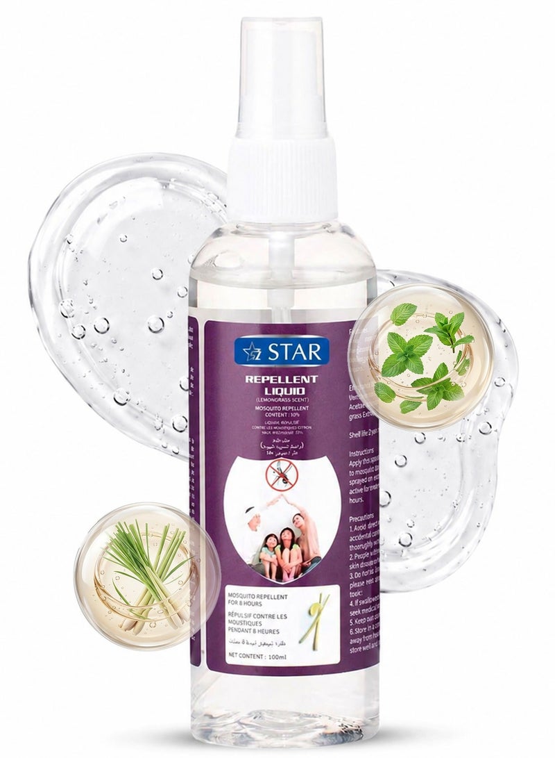 Mosquito Repellant Spray 100ml - Deet Free Insects Killer Spray - Bug and Tick Repellent Liquid with Organic Lemongrass & Peppermint Extracts - Indoor Outdoor Mosquito Killer