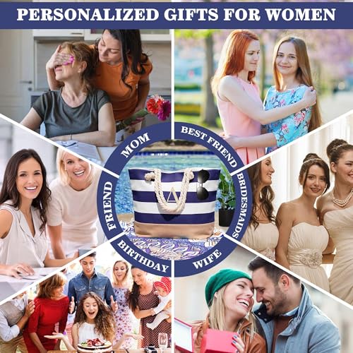 YOOLIFE Birthday Day Gifts for Women - Monogram Initial Personalized Beach Bag Canvas Tote Bag with Zipper Waterproof Bag Self Care Gifts for Her Girlfriend Wife Mom Friend Bridesmaids Idea L - Image 2