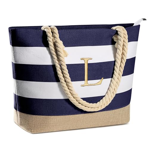 YOOLIFE Birthday Day Gifts for Women - Monogram Initial Personalized Beach Bag Canvas Tote Bag with Zipper Waterproof Bag Self Care Gifts for Her Girlfriend Wife Mom Friend Bridesmaids Idea L - Image 1