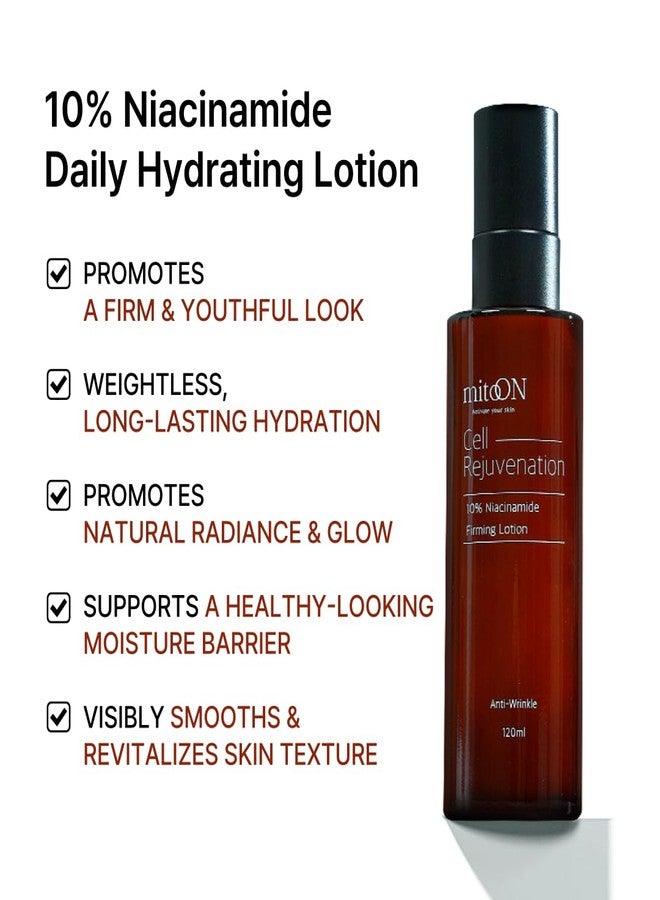 mito:ON Mito-on 10% Niacinamide Firming Lotion Moisturizer, 120ml / 4.05 fl.oz, Vitamin B3 with Peptides & Antioxidants for Radiant Glow, Smooth Texture, and Moisture Barrier Support, Korean Skincare - Image 2
