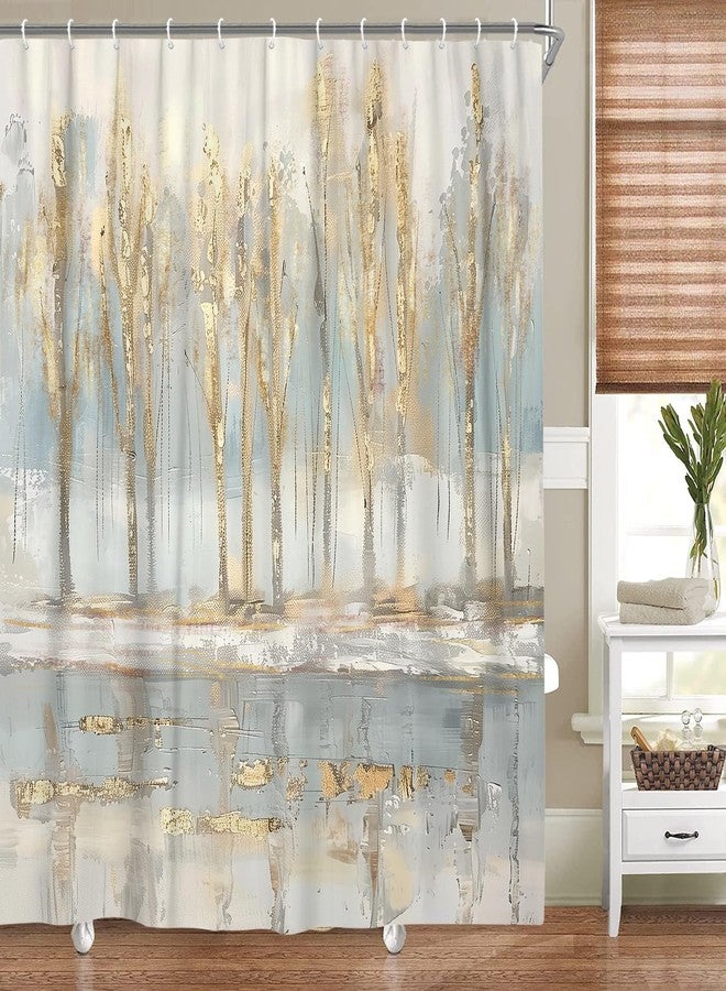 Uokiuki Abstract Gold Grey Shower Curtain, Modern Neutral Boho Ombre Minimalist Chic Tree Art Fabric Bathroom Curtain with 12 Hooks, 70X70IN - Image 2