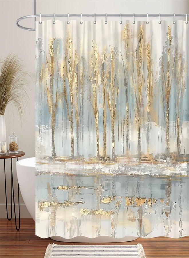 Uokiuki Abstract Gold Grey Shower Curtain, Modern Neutral Boho Ombre Minimalist Chic Tree Art Fabric Bathroom Curtain with 12 Hooks, 70X70IN - Image 1