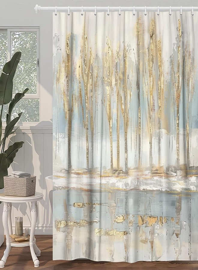 Uokiuki Abstract Gold Grey Shower Curtain, Modern Neutral Boho Ombre Minimalist Chic Tree Art Fabric Bathroom Curtain with 12 Hooks, 70X70IN - Image 3