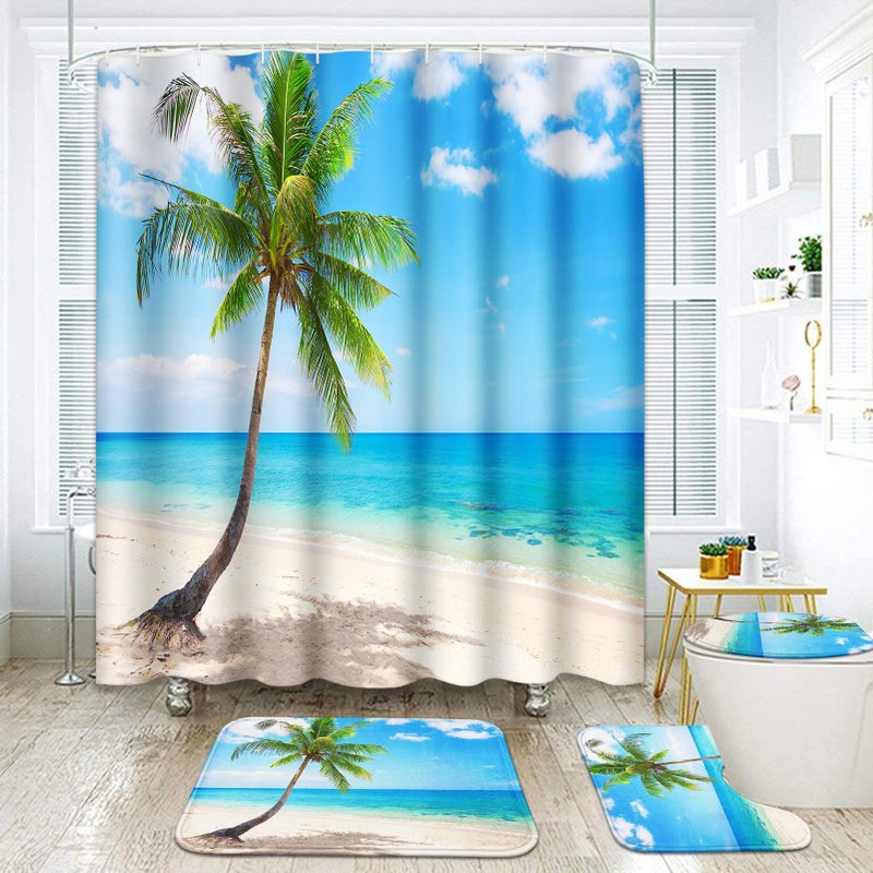 ArtSocket Beautiful Beach Bathroom Set with Shower Curtain and Rugs Accessories Coconut Palm Paradise Summer Island Tropical Tropical Shower Curtain for Bathroom Decor 4 Pcs