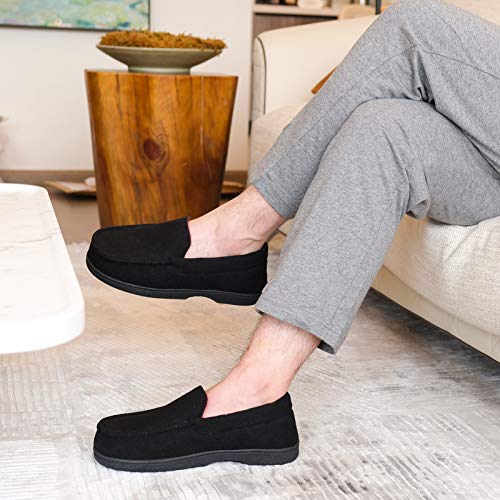 DL Men's Memory Foam Moccasin Slippers Breathable Moccasin Slippers Micro Wool House Shoes Anti-Slip Sole Indoor Outdoor, Black, 10 - Image 2