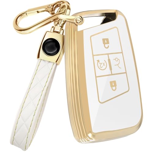 Lucrum Compatible with Volkswager Key Fob Cover Leather Keychain Keyfob Case for VW Arteon Atlas Jetta Taos Golf Tiguan Passat 20182024 White and Gold - Image 1
