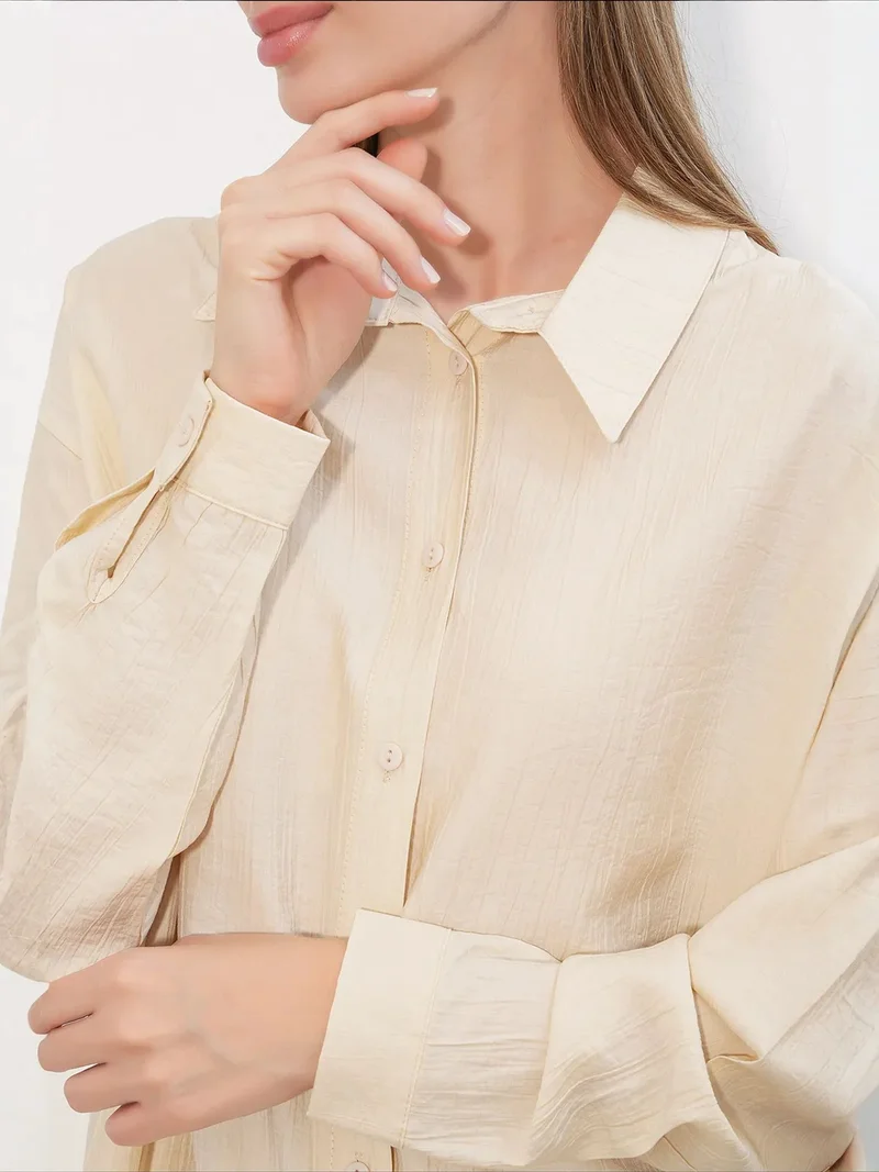 Big Dart Cream Natural BDART Textured Button-Up Long Sleeve Shirt for Women | Best Price UAE