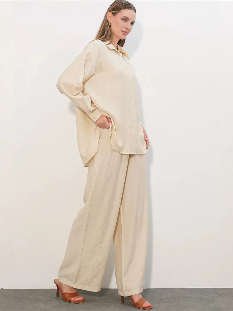 Big Dart Cream Natural BDART Textured Button-Up Long Sleeve Shirt for Women | Best Price UAE