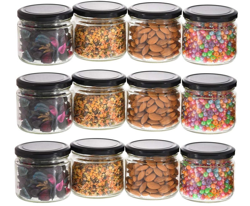 MACHAK Round Glass Jar For Kitchen Container For Storage Airtight, 350ml, Black Lid (12) - Image 1