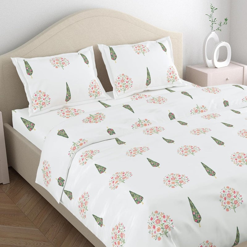 haus kinder 100 Cotton Queen Size Bedsheet for Double Bed 1 Cotton Bed Sheet for Double Bed 90 X 100 Inches with 2 Pillow Covers 186 TC Tree of Life White Color