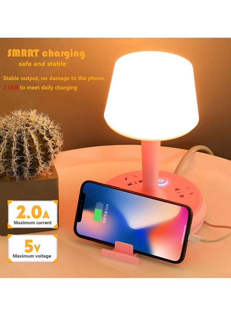Inder Multifunctional Table Lamp Phone Holder 4-Way Power Extension Cord 2-USB Fast Charging Ports For Home Office Pink - Image 2