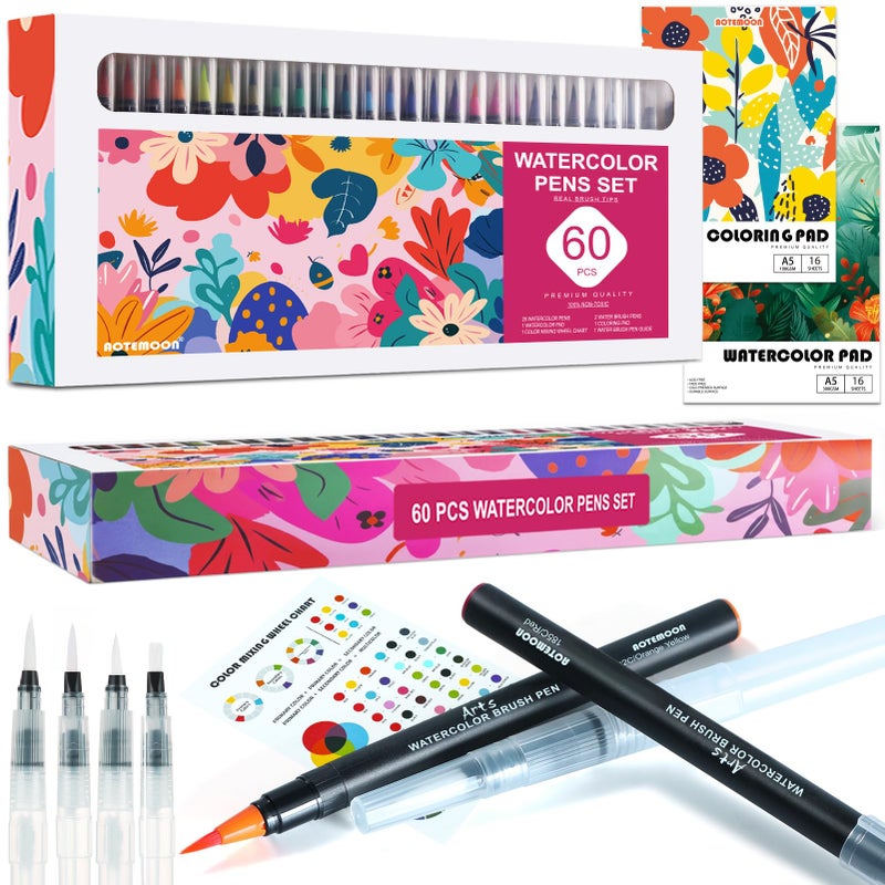 AOTEMOON 60 Watercolor Pens Set Includes 52 Vivid Colors, Real Brush Tips Paint Markers Set with 4 Blender Pens, Watercolor Pad and Coloring Pad, Art Supplies Gifts for Beginners Young Artists and Adults - Image 1