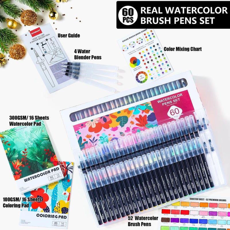 AOTEMOON 60 Watercolor Pens Set Includes 52 Vivid Colors, Real Brush Tips Paint Markers Set with 4 Blender Pens, Watercolor Pad and Coloring Pad, Art Supplies Gifts for Beginners Young Artists and Adults - Image 2