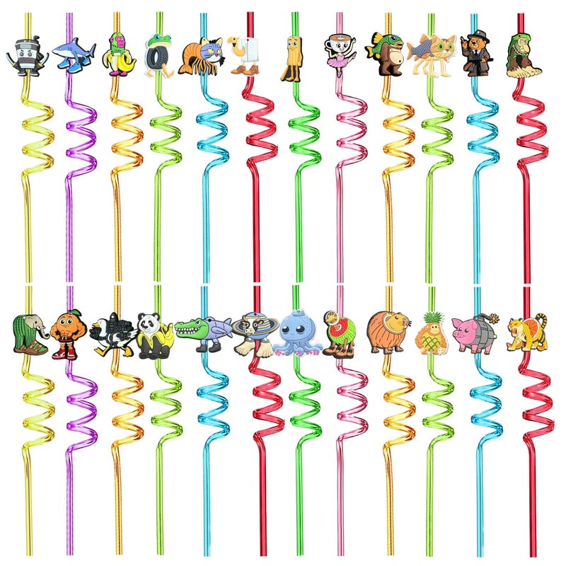 GREAWOD Italian Brainrot Reusable Drinking Straws, 24-Pack â€” Assorted Colors with Meme-Style Character Designs, Party Favors & Novelty Drinkware, Spiral & Straight Options (Curve) - Image 1
