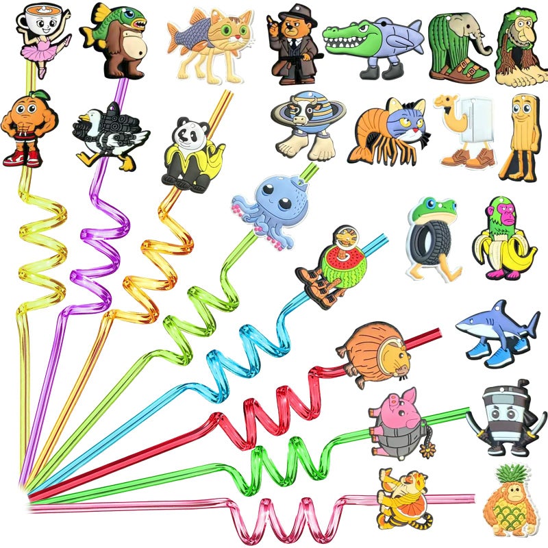 GREAWOD Italian Brainrot Reusable Drinking Straws, 24-Pack â€” Assorted Colors with Meme-Style Character Designs, Party Favors & Novelty Drinkware, Spiral & Straight Options (Curve) - Image 2