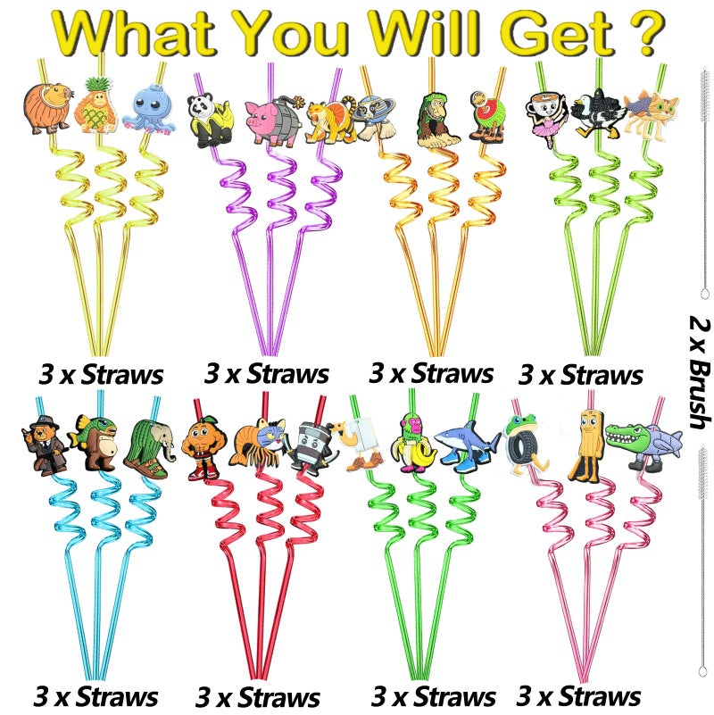 GREAWOD Italian Brainrot Reusable Drinking Straws, 24-Pack â€” Assorted Colors with Meme-Style Character Designs, Party Favors & Novelty Drinkware, Spiral & Straight Options (Curve) - Image 3
