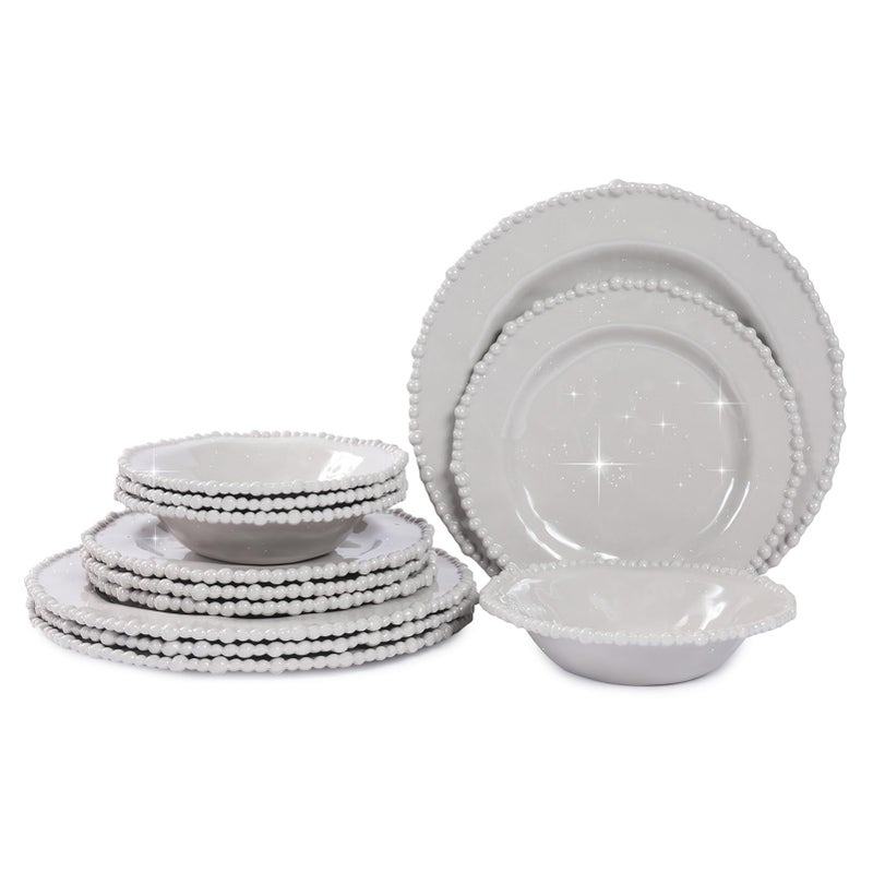 Lechoo Grey Pearl 12-Piece Melamine Dinnerware Set - Unbreakable Plastic Plates & Bowls, Service for 4, Dishwasher Safe, Lightweight Shatterproof Tableware for Indoor/Outdoor Use - Image 1