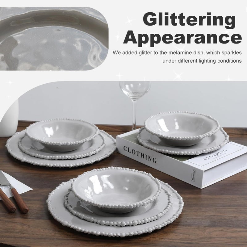 Lechoo Grey Pearl 12-Piece Melamine Dinnerware Set - Unbreakable Plastic Plates & Bowls, Service for 4, Dishwasher Safe, Lightweight Shatterproof Tableware for Indoor/Outdoor Use - Image 4