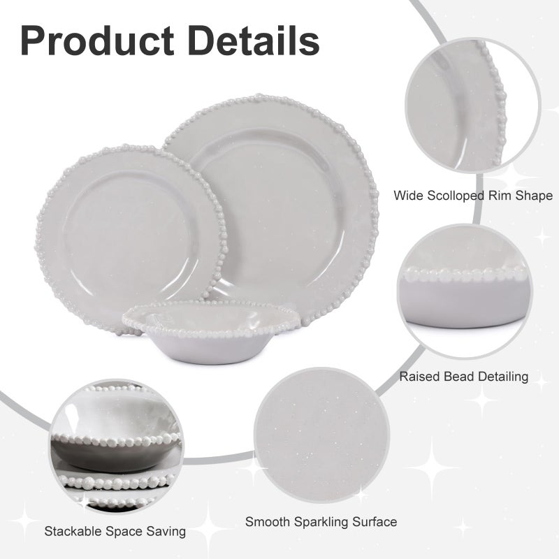 Lechoo Grey Pearl 12-Piece Melamine Dinnerware Set - Unbreakable Plastic Plates & Bowls, Service for 4, Dishwasher Safe, Lightweight Shatterproof Tableware for Indoor/Outdoor Use - Image 2