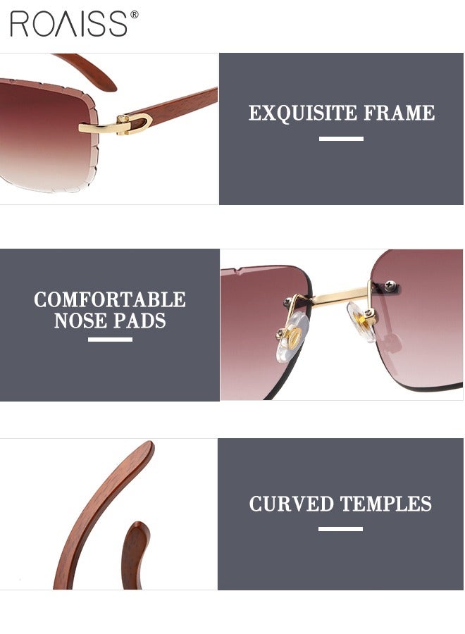 رويس نظارة شمسية مستطيلة بدون إطار للنساء، نظارة الشمس الواقية من الأشعة فوق البنفسجية 400 بمعابد ذات نسيج خشبي، ظلال شمسية عصرية مضادة للوهج مع حافظة النظارة، 57 مم - Image 5