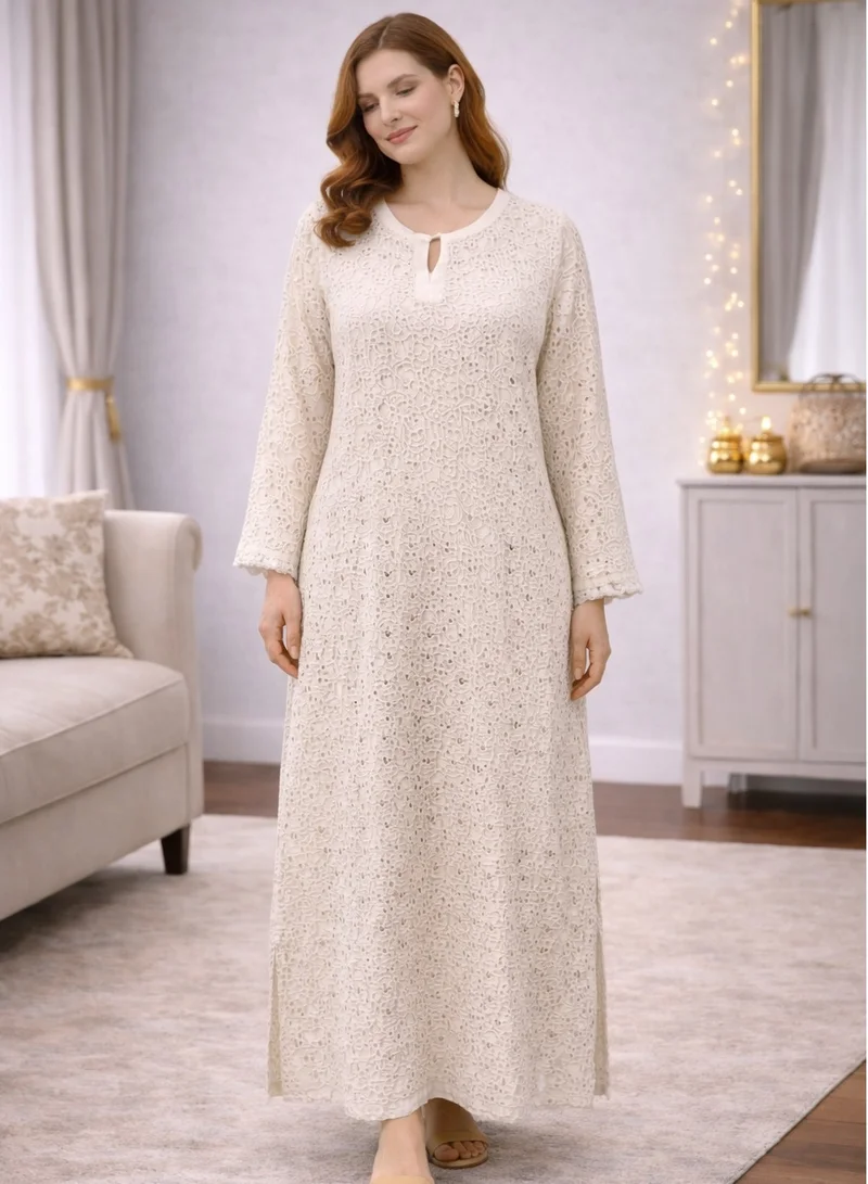 Artemea Ivory Chikankari Style Jalabiya with Mirror Work | Premium Rayon | Festive Elegant Full-Length Dress with inner lining