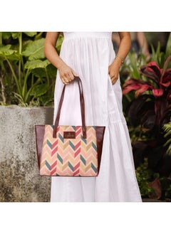THE CLOWNFISH THE CLOWNFISH Valentine Printed Handicraft Fabric & Faux Leather Handbag for Women Office Bag Ladies Shoulder Bag Tote for Women College Girls (Cream-Wave Design)  - Image 2