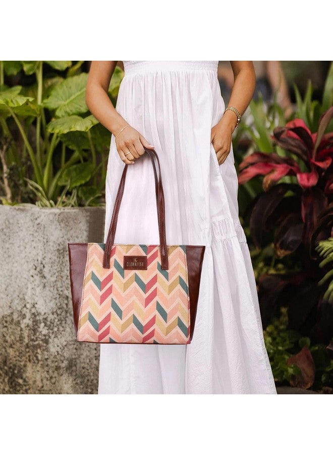 THE CLOWNFISH THE CLOWNFISH Valentine Printed Handicraft Fabric & Faux Leather Handbag for Women Office Bag Ladies Shoulder Bag Tote for Women College Girls (Cream-Wave Design)  - Image 2