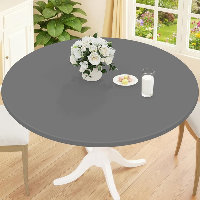 smiry Round Picnic Tablecloth, Waterproof Elastic Fitted Table Covers for 45" - 56" Tables, Wipeable Flannel Backed Vinyl Tablecloths for Camping, Indoor, Outdoor, Grey - Image 1
