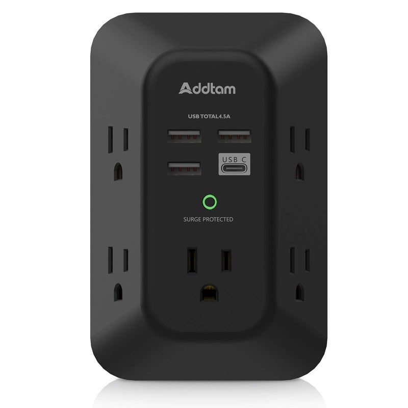 Addtam USB Wall Charger Surge Protector - Addtam 5 Outlet Extender with 4 USB Charging Ports (1 USB C), 3-Sided 1800J Power Strip Multi Plug Outlets Adapter Widely Spaced,Black - Image 1