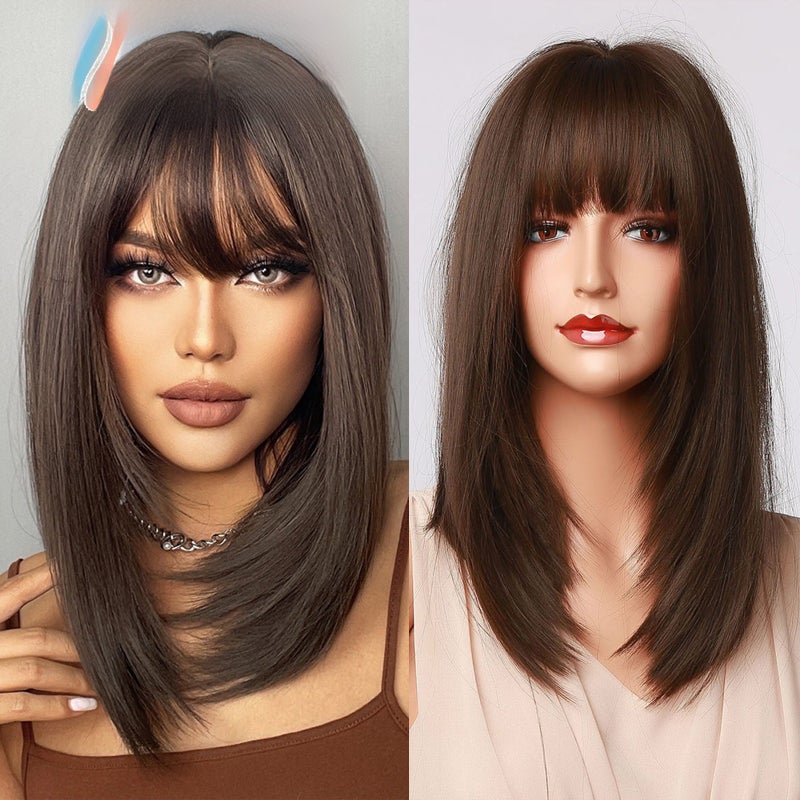Black Straight Bob Wig with Bangs Brown Brown
