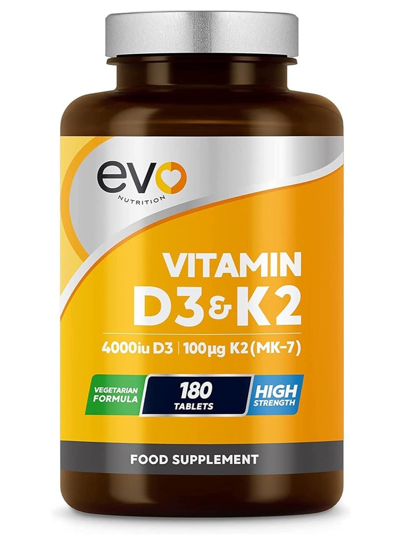 EVO itamin D3 4000iu & Vitamin K2 100ug (MK7) |180 Vegetarian Tablets | 1-A-Day | 6 Month Supply | High Strength D3 and K2 Vitamin | Vitamin D K2 Supplement  - Image 1