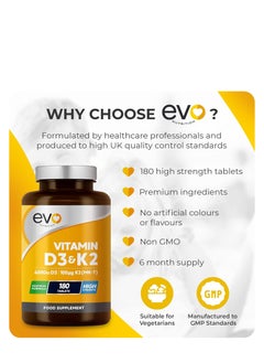 EVO itamin D3 4000iu & Vitamin K2 100ug (MK7) |180 Vegetarian Tablets | 1-A-Day | 6 Month Supply | High Strength D3 and K2 Vitamin | Vitamin D K2 Supplement  - Image 2