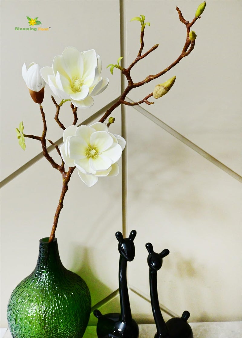 Blooming Floret Artificial Magnolia Ikebana Flower Stick | 80 cm Tall | Realistic Faux Magnolia Stem for Home Décor, Office, Weddings & Gifting | Natural-Looking White Flower - Image 5