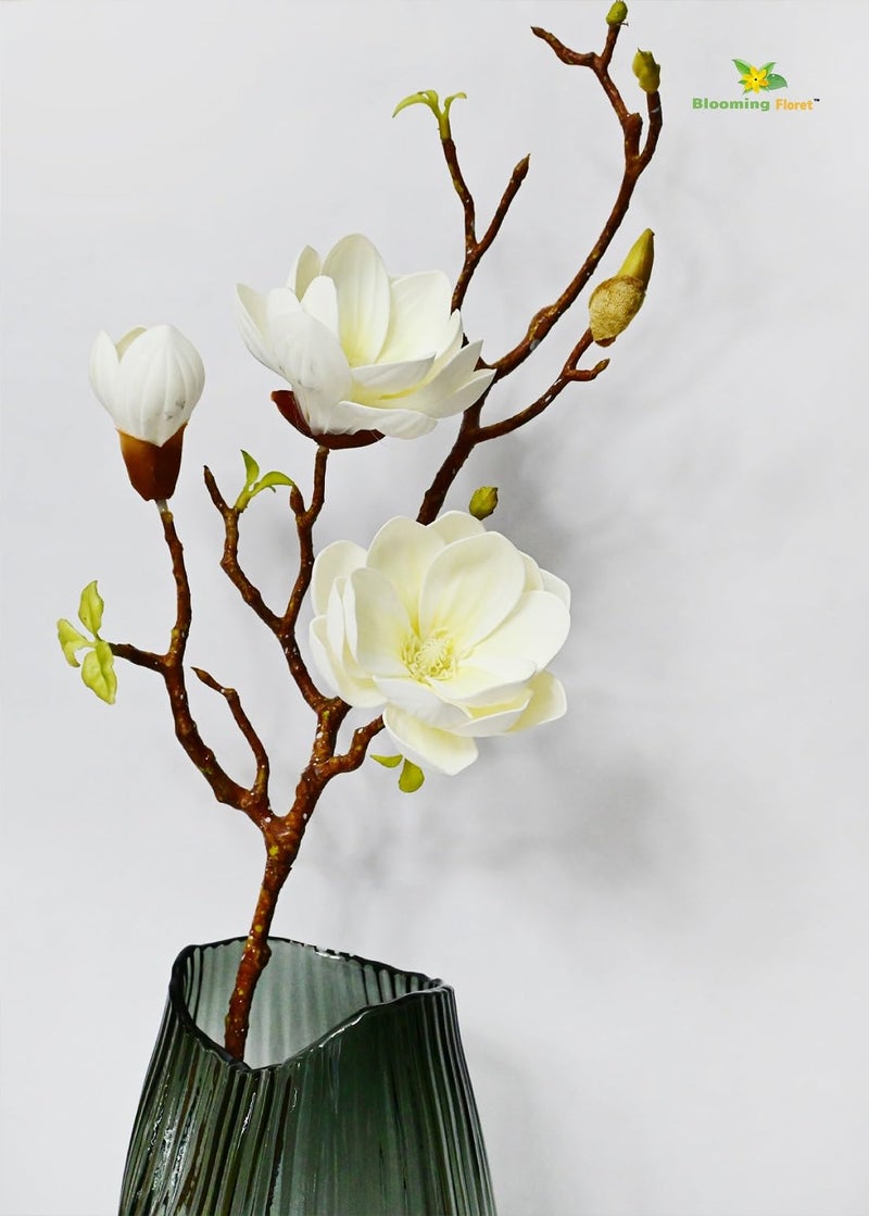 Blooming Floret Artificial Magnolia Ikebana Flower Stick | 80 cm Tall | Realistic Faux Magnolia Stem for Home Décor, Office, Weddings & Gifting | Natural-Looking White Flower - Image 3