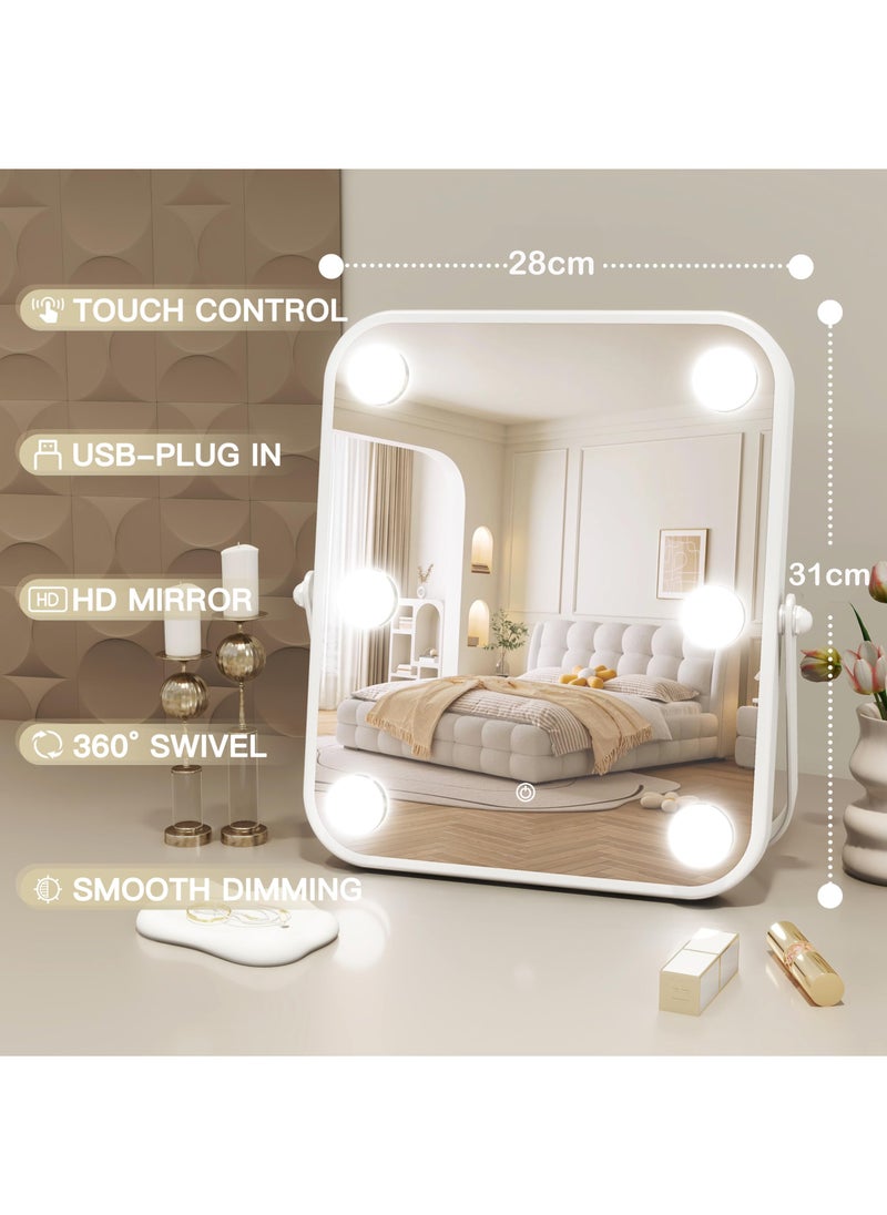 XiuWoo - Vanity Mirror with Lights, Hollywood Makeup Mirror with Light, 10"x12" Lighted Desktop Makeup Mirror with 6 Dimmable LED Bulbs, Cosmetic Makeup Mirror with Stand, Smart Touch Control - Image 1