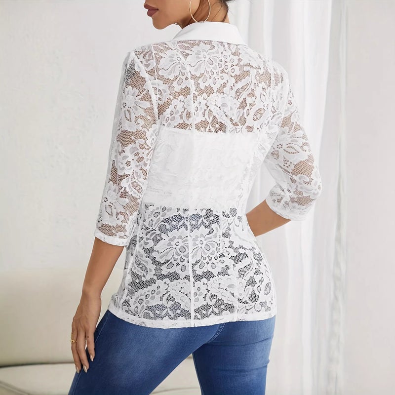 Elegant Lace Panel Blazer for Women - Image 2