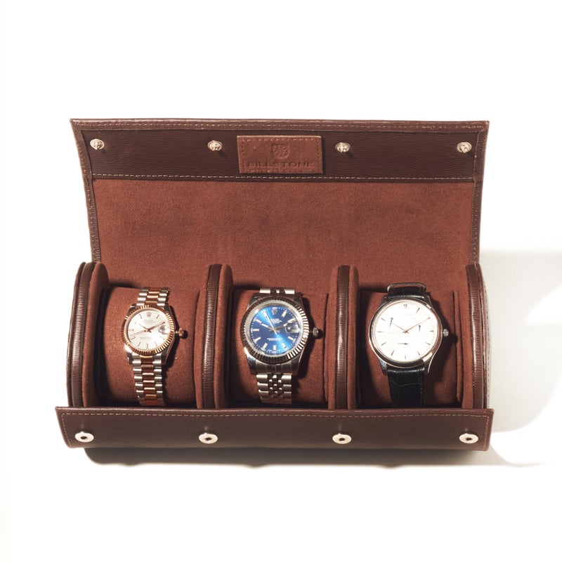 BILLSTONE Voyager 3 Brown Watch Roll Travel Watch Case for 2 Watches Genuine Leather with Velvet Interior - Image 2
