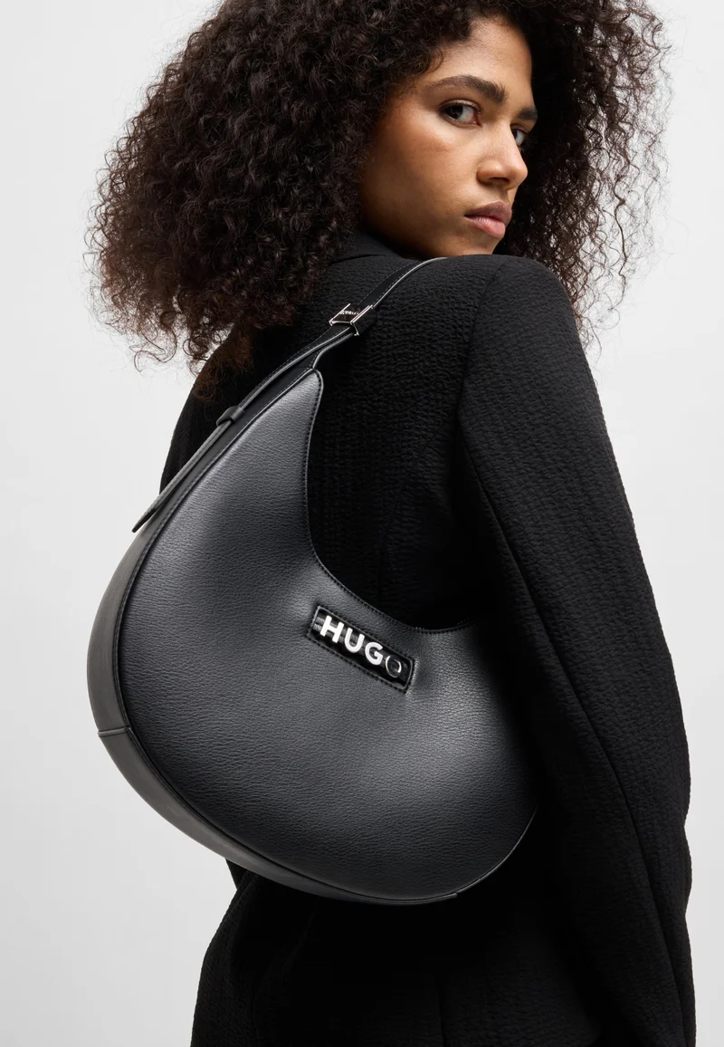HUGO Faux-leather hobo bag with metallic logo lettering