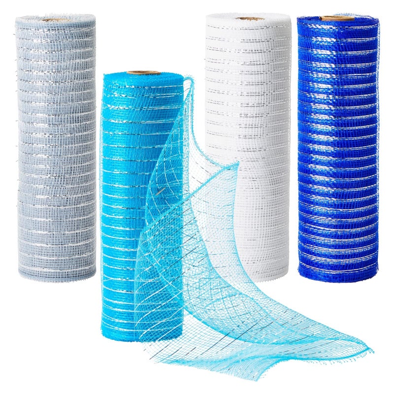 Bright Creations 4Pack Deco Mesh Ribbon Rolls  10 in x 30 ft Each  Metallic Poly Burlap Mesh in Blue Silver White Royal Blue  Craft Ribbon for Wreaths
