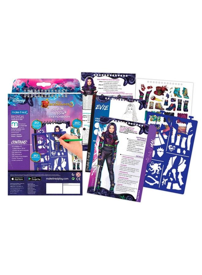 Make It Real دفتر رسم ديزني ديسندانتس 3. كتاب رسم وتلوين تصميم الأزياء للبنات. يتضمن صفحات رسم إيفي وديسندانتس 3 واستنسلات وملصقات ودليل تصميم - Image 3