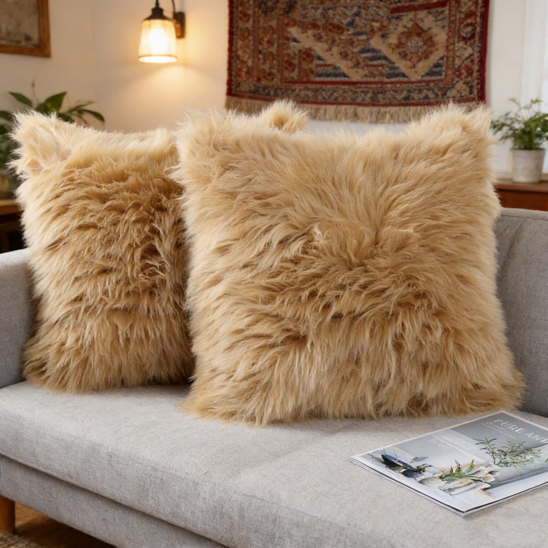 OYIMUA Fluffy Decorative Throw Pillow Covers Beige 20Ã—20, Faux Fur Farmhouse Luxury Pillow Cases,Soft Plush Fuzzy Cushion Covers for Sofa Couch Living Room Bedroom Set of 2 - Image 2