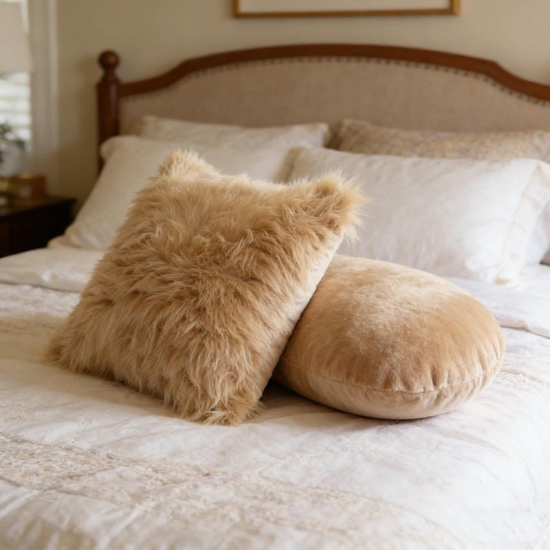 OYIMUA Fluffy Decorative Throw Pillow Covers Beige 20Ã—20, Faux Fur Farmhouse Luxury Pillow Cases,Soft Plush Fuzzy Cushion Covers for Sofa Couch Living Room Bedroom Set of 2 - Image 4